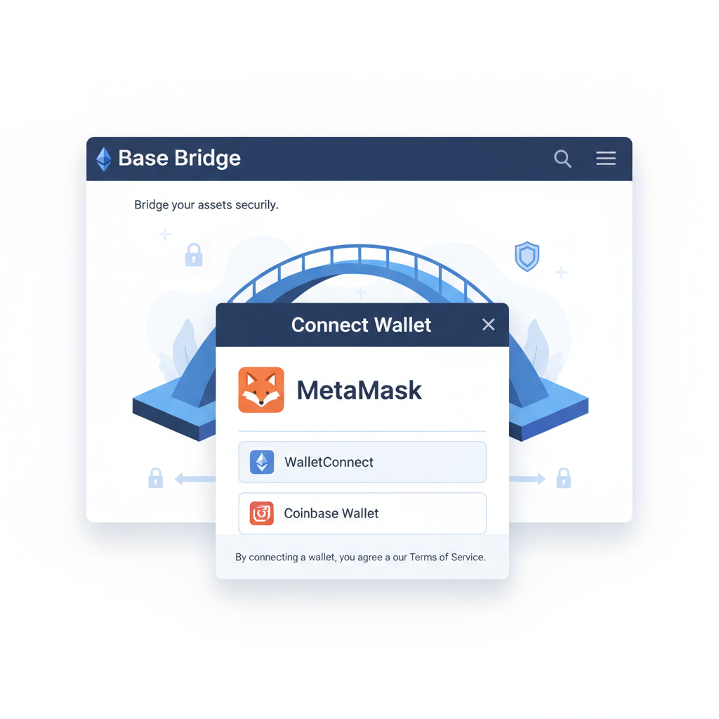 MetaMask connect popup on Base bridge site, wallet selection screen, Ethereum logo, secure connection vibe