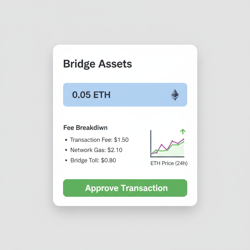 Bridge input screen showing 0.05 ETH amount, fee breakdown $1-5, Ethereum price chart snippet, green approve button