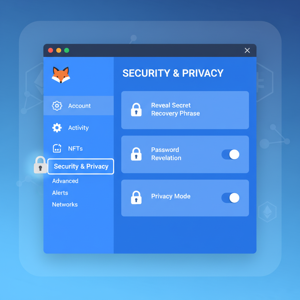 MetaMask wallet app on desktop, security settings highlighted, padlock icon, clean blue UI, crypto theme