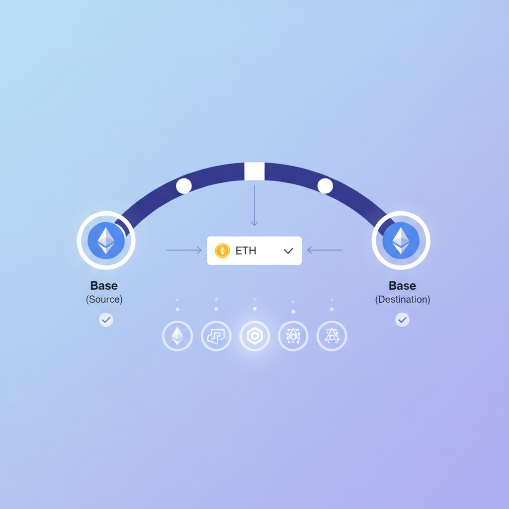 Base bridge form with Ethereum source, Base destination selected, ETH token dropdown, network icons glowing