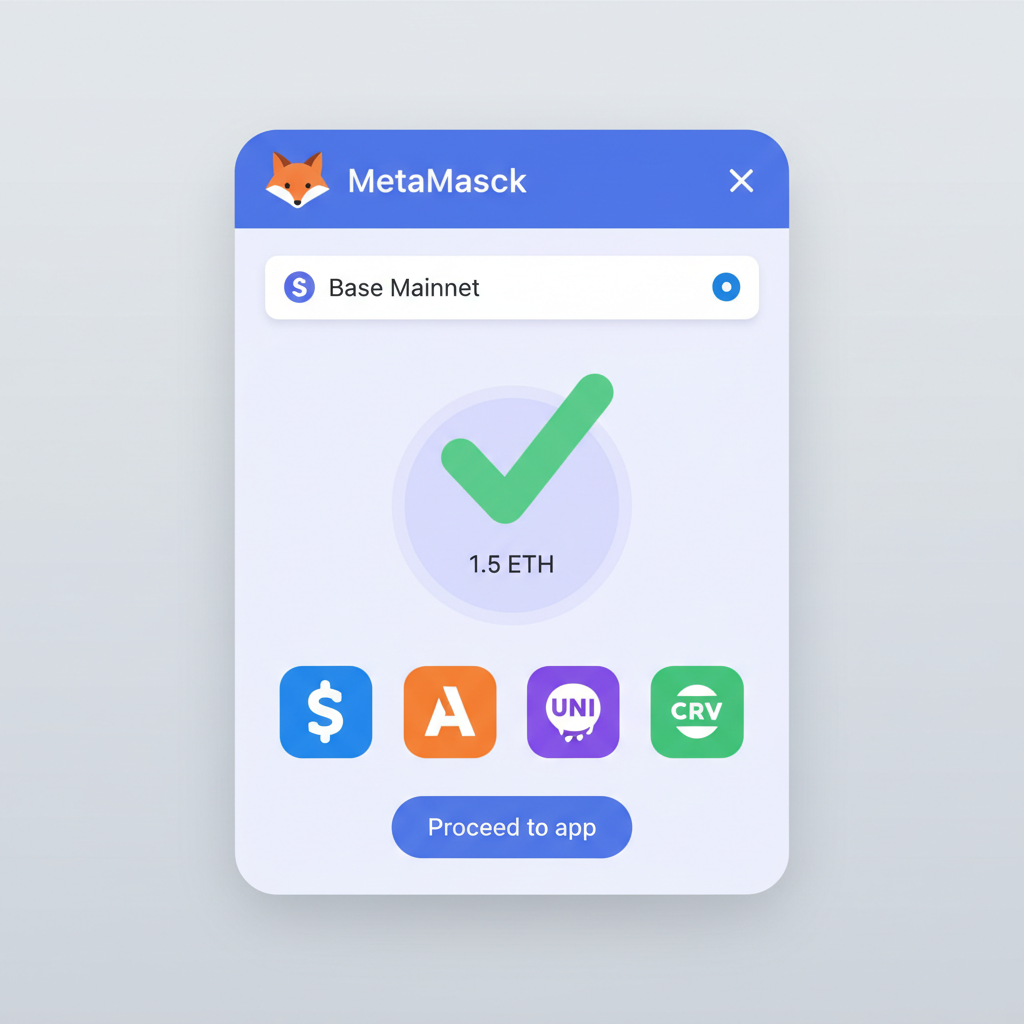 MetaMask with Base network selected, ETH balance visible, DeFi apps icons nearby, success checkmark, vibrant UI