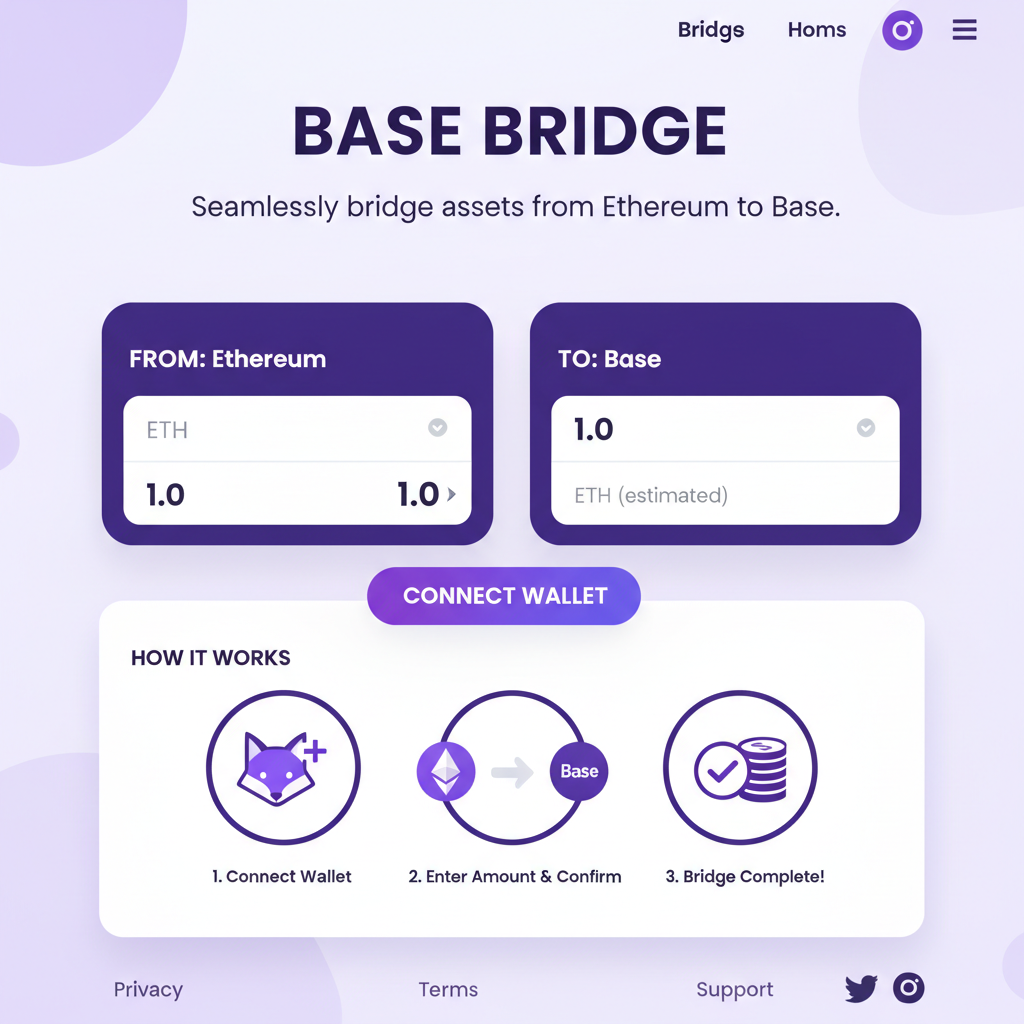 Base bridge website homepage, Ethereum to Base bridge interface, simple web UI, purple and white theme