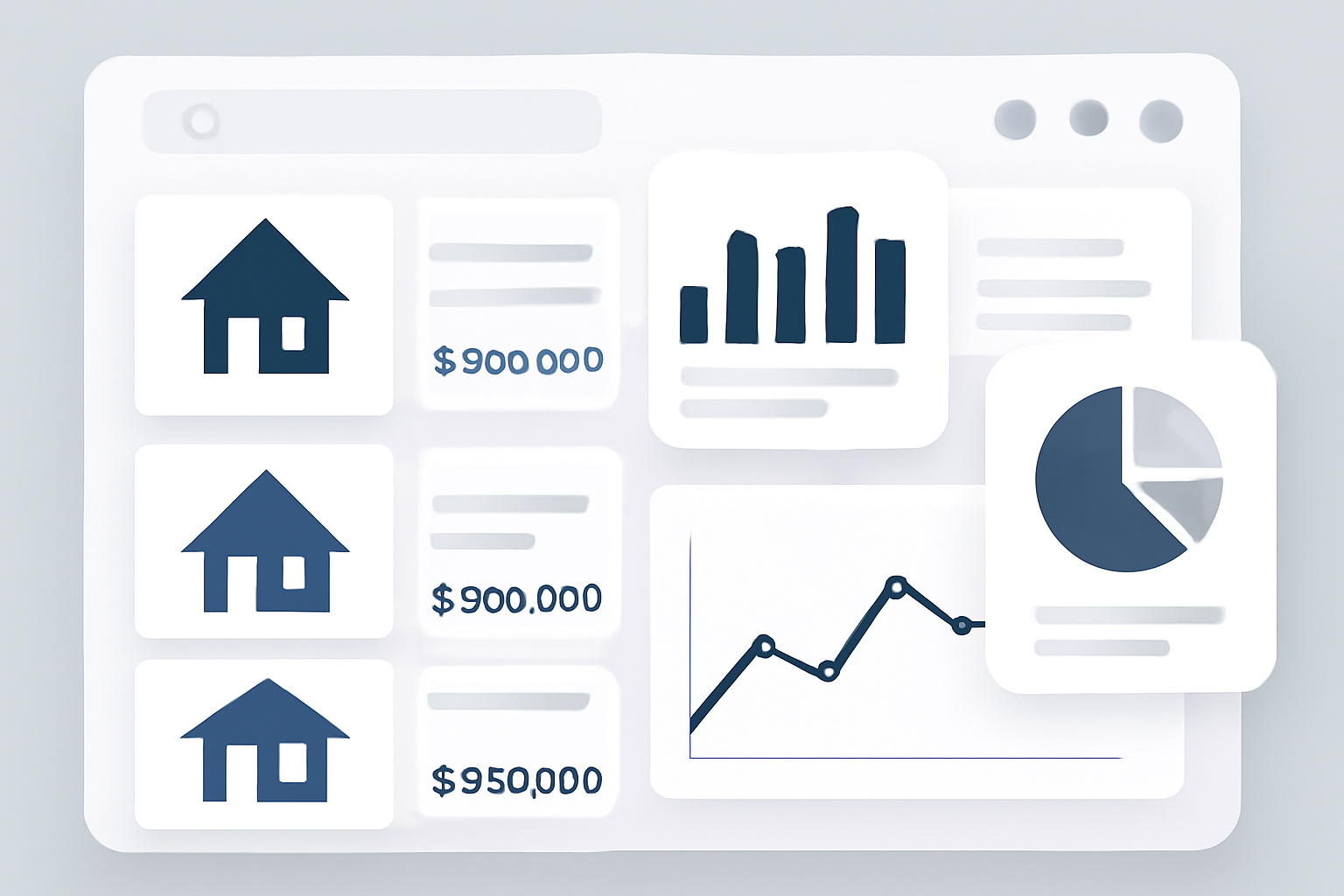 A digital marketplace interface with property cards, charts, and analytics overlays