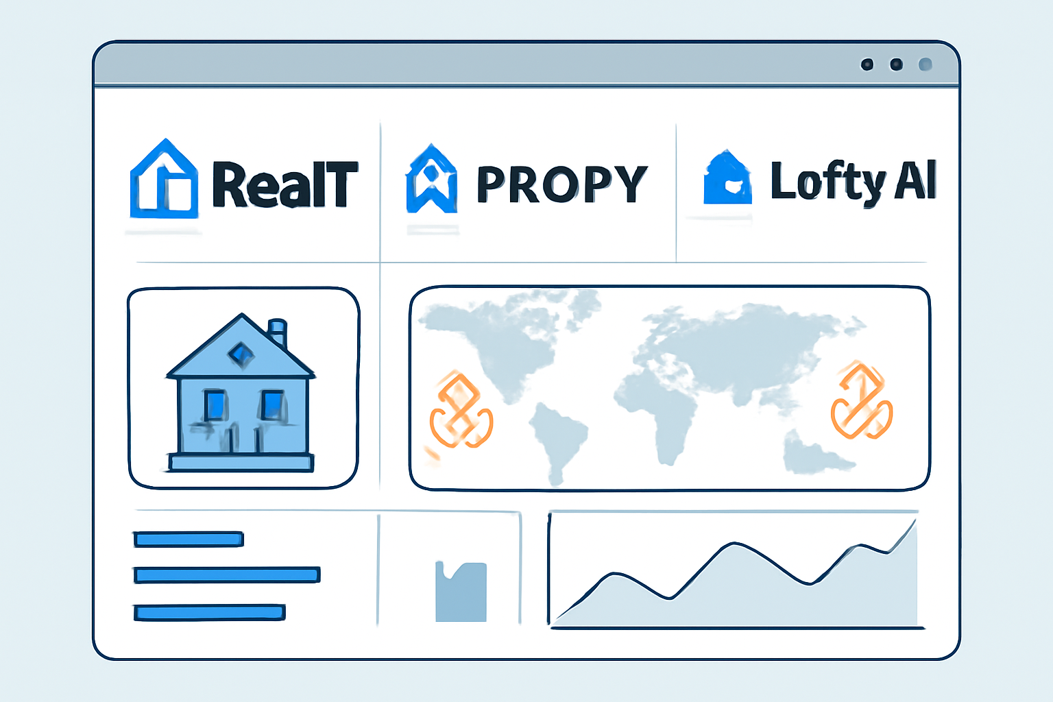 A modern digital dashboard showing logos of RealT, Propy, and Lofty AI, with global real estate images and blockchain icons