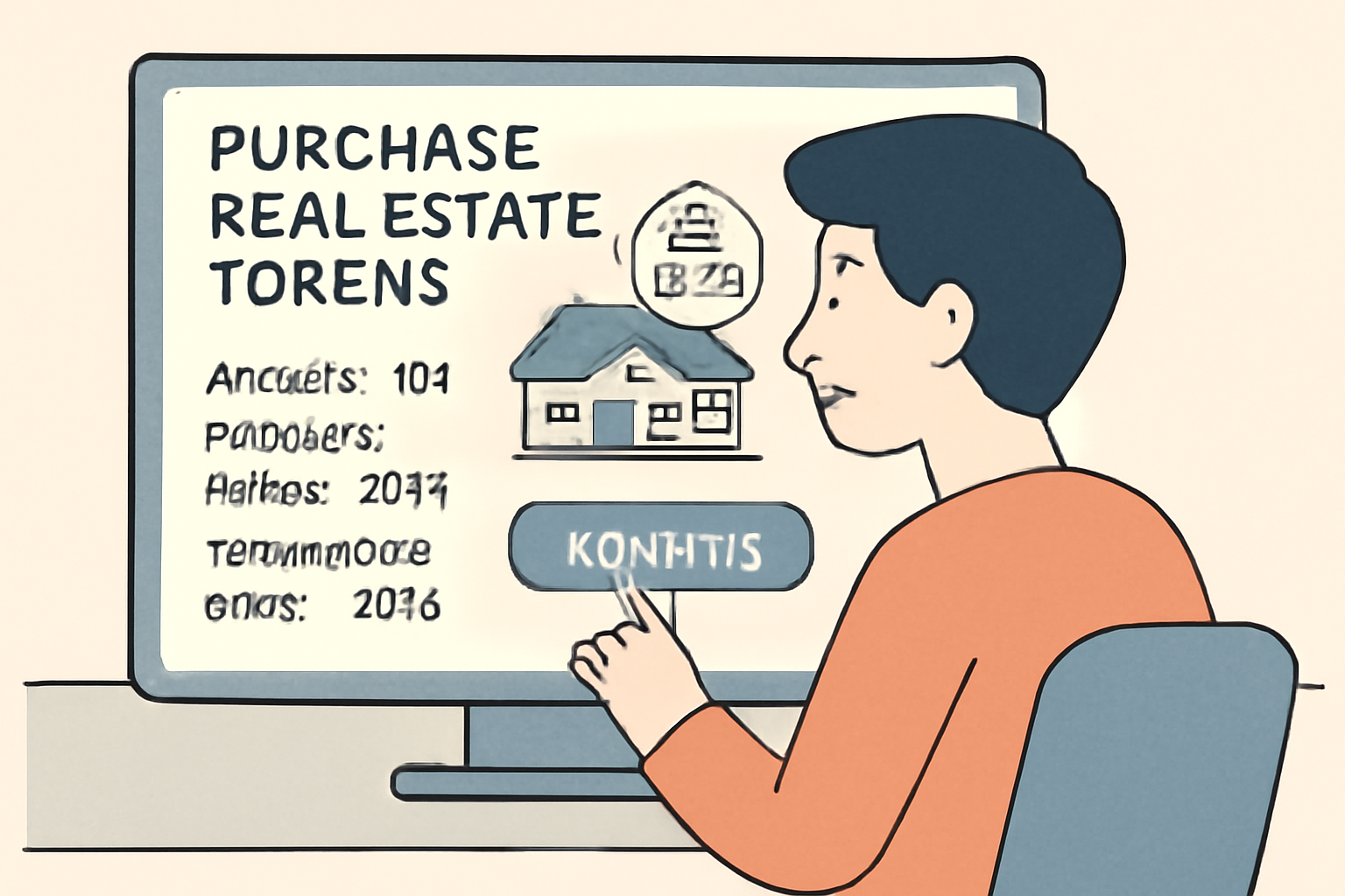A user confirming a digital purchase of real estate tokens, with a property image and blockchain transaction details