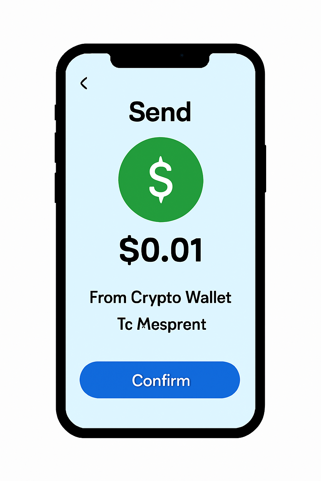 A smartphone screen showing a crypto wallet app sending a $0.01 stablecoin payment, with confirmation details.