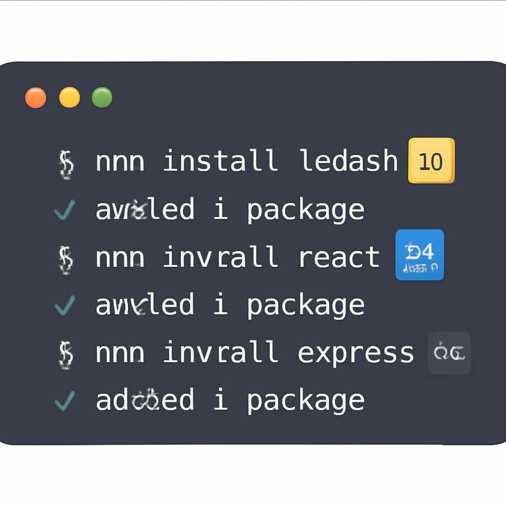 A terminal window showing npm install commands and package installation progress, with code snippets and package icons.