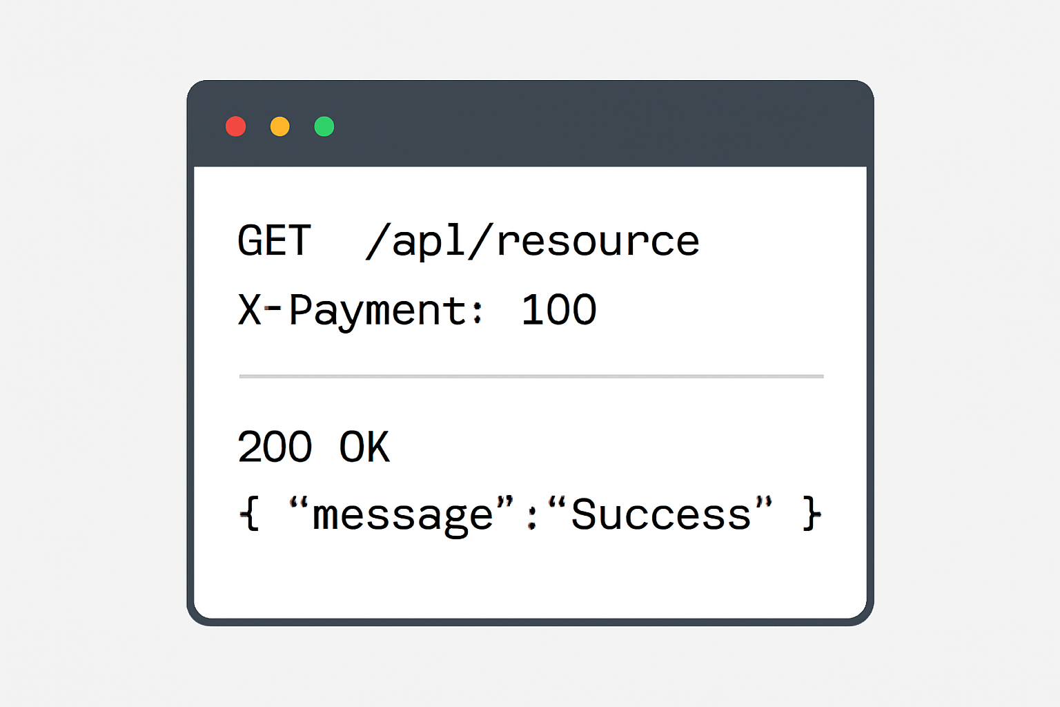 A terminal window or API client showing a request with custom headers (X-PAYMENT) and a successful server response.