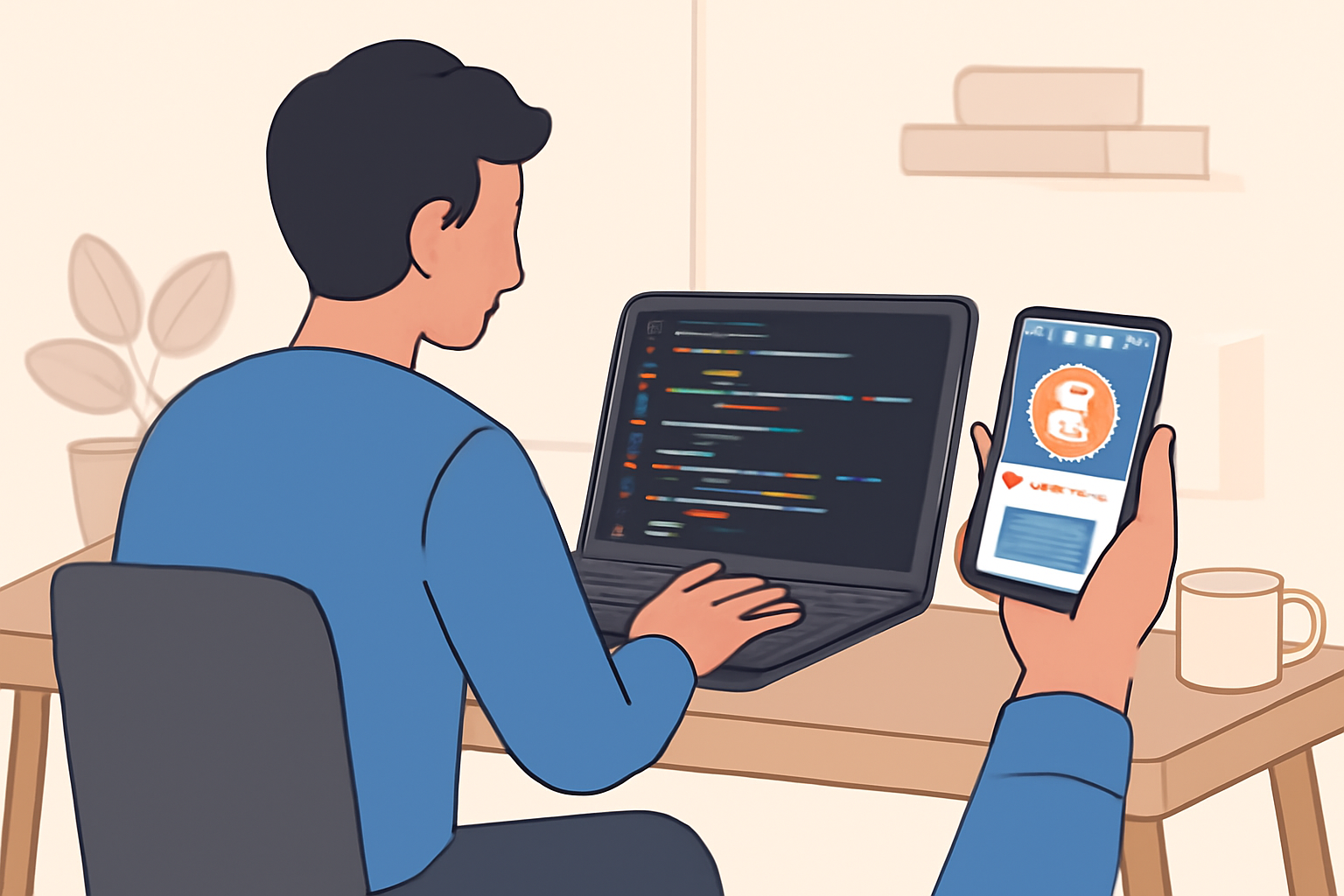 A developer sitting at a desk with a laptop, a crypto wallet app open on their phone, and code editor on the screen, in a modern workspace.