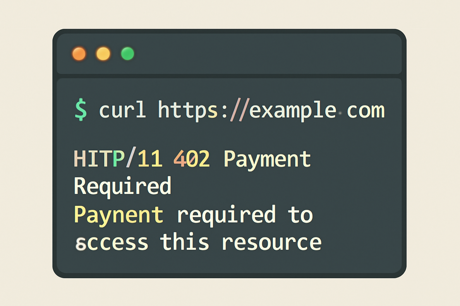 A terminal window with a curl command and a server response showing HTTP 402 status and payment instructions.