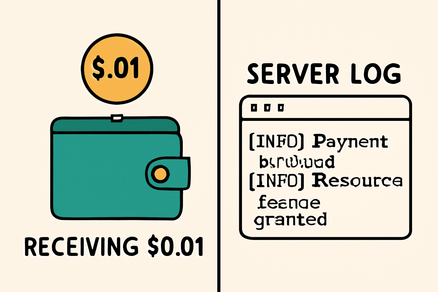 A split-screen showing a wallet receiving $0.01 and a server log indicating successful payment verification and resource access granted.