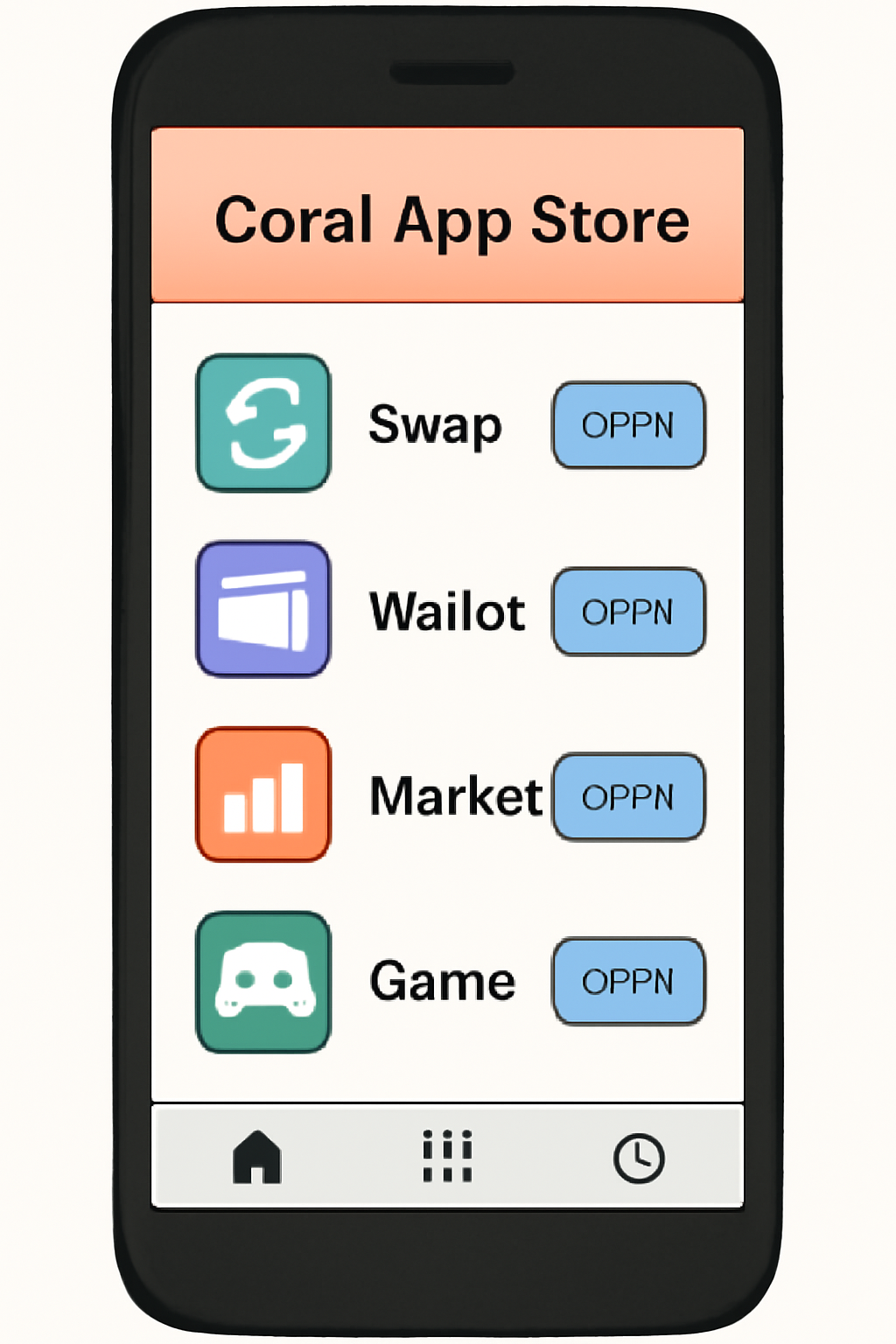 A smartphone screen displaying the Coral App Store interface, with various Web3 apps visible.