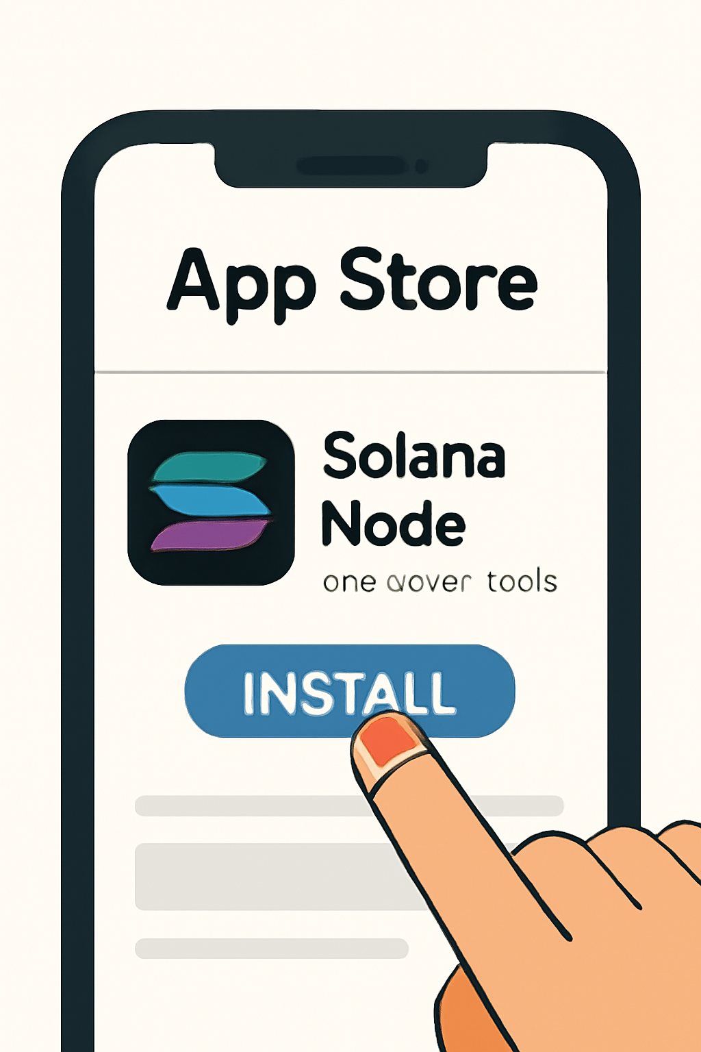 A finger pressing the 'Install' button on the Solana Node app in a digital app store.