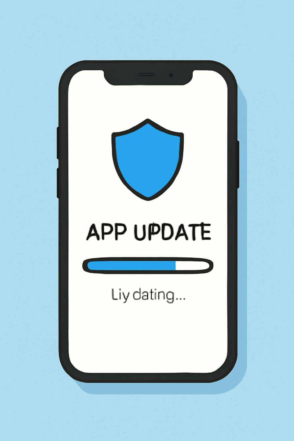 A smartphone receiving an app update notification with a progress bar and shield icon.