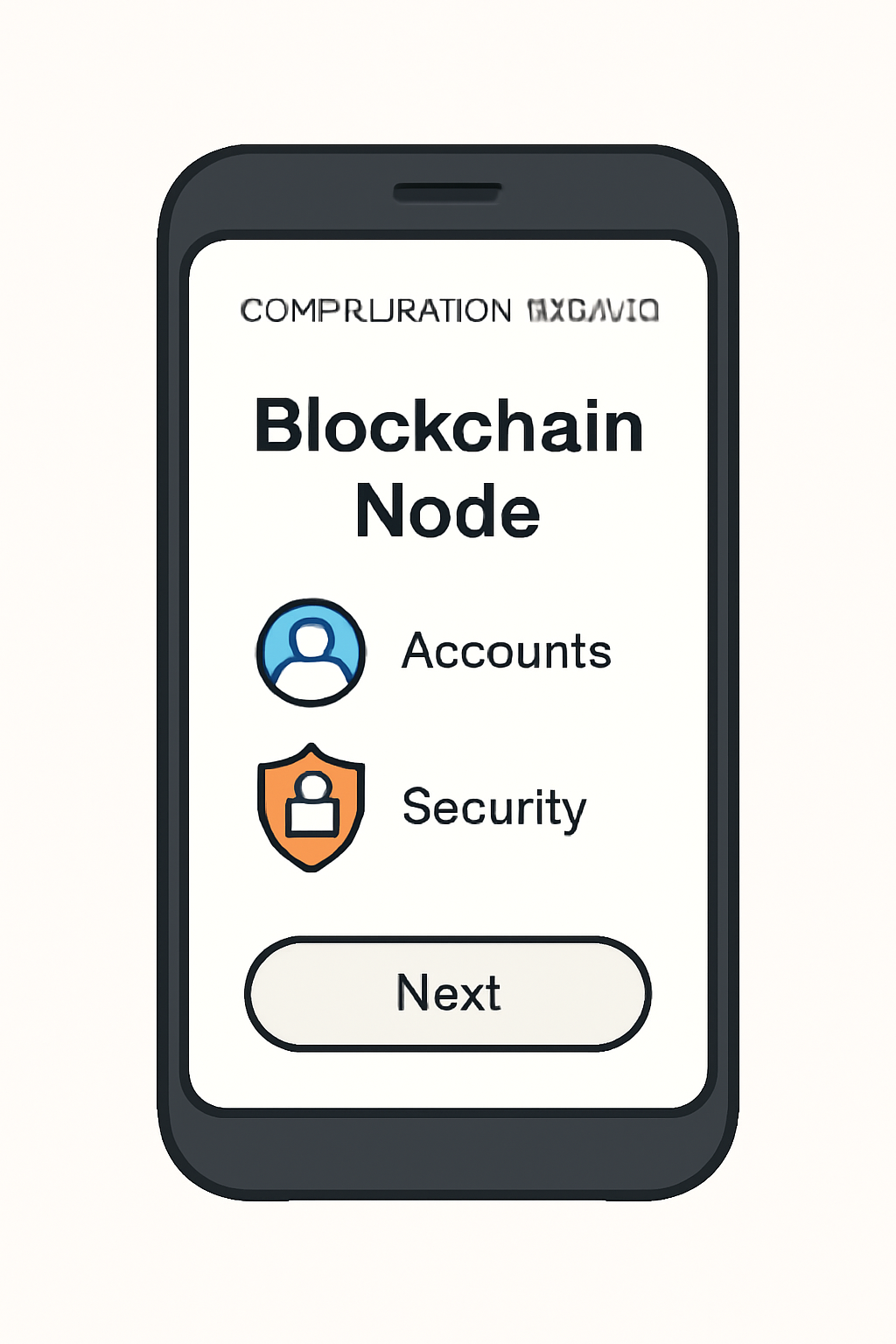 A smartphone displaying a configuration wizard for a blockchain node, with icons for accounts and security.