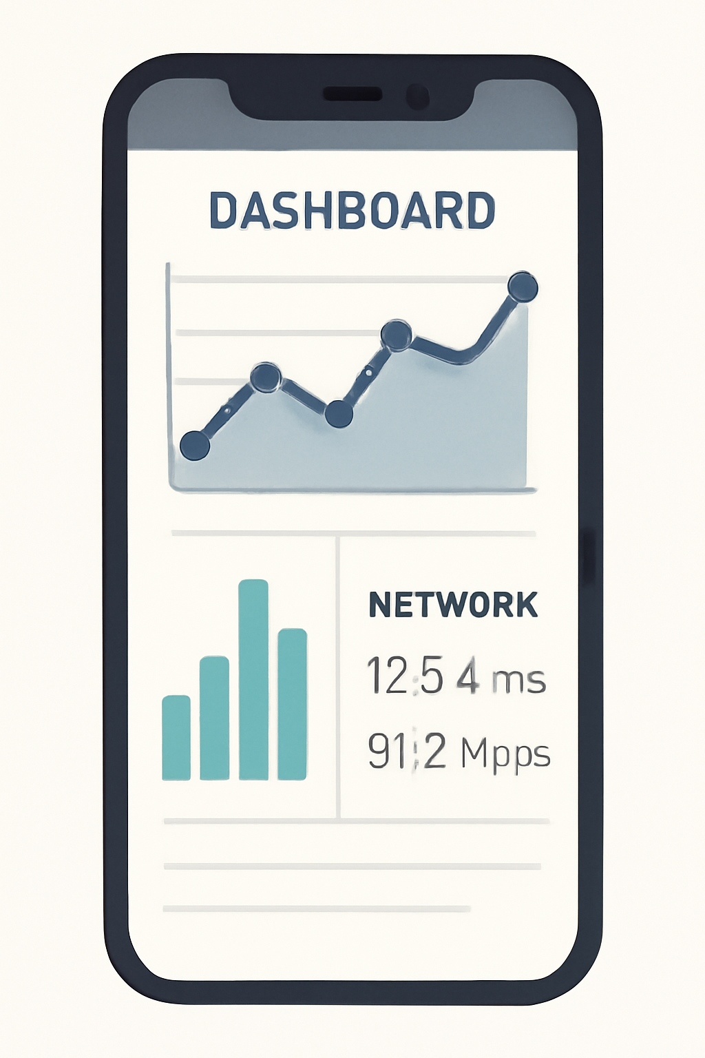 A smartphone displaying a dashboard with real-time performance graphs and network statistics.