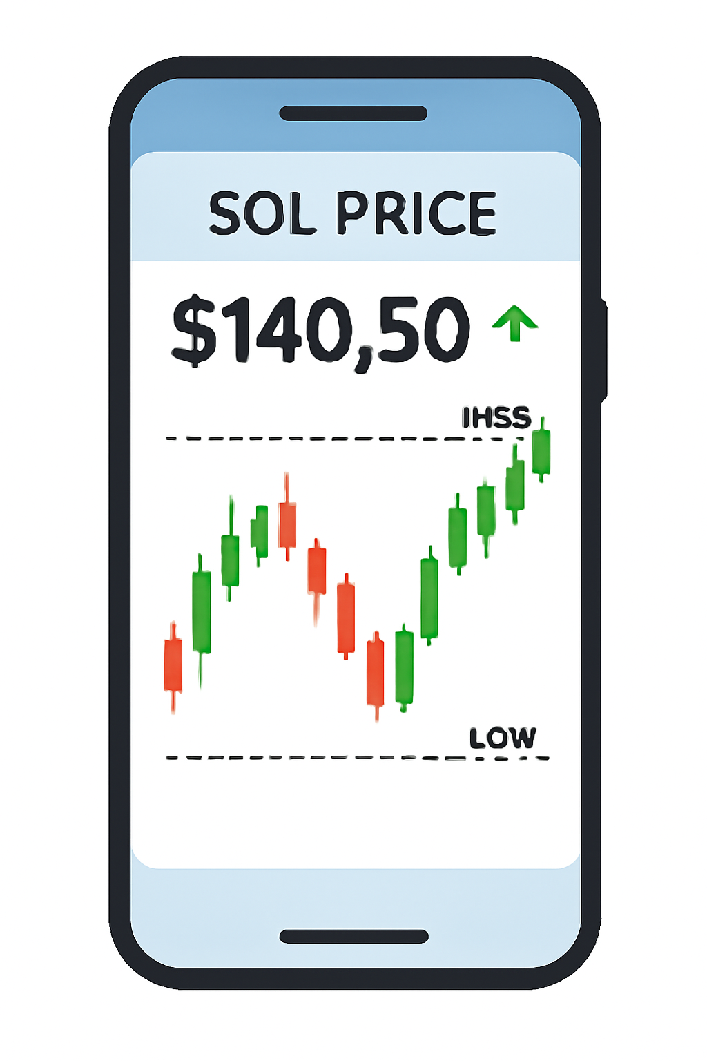 A digital price chart showing SOL price at $140.50, with high and low markers, on a smartphone screen.