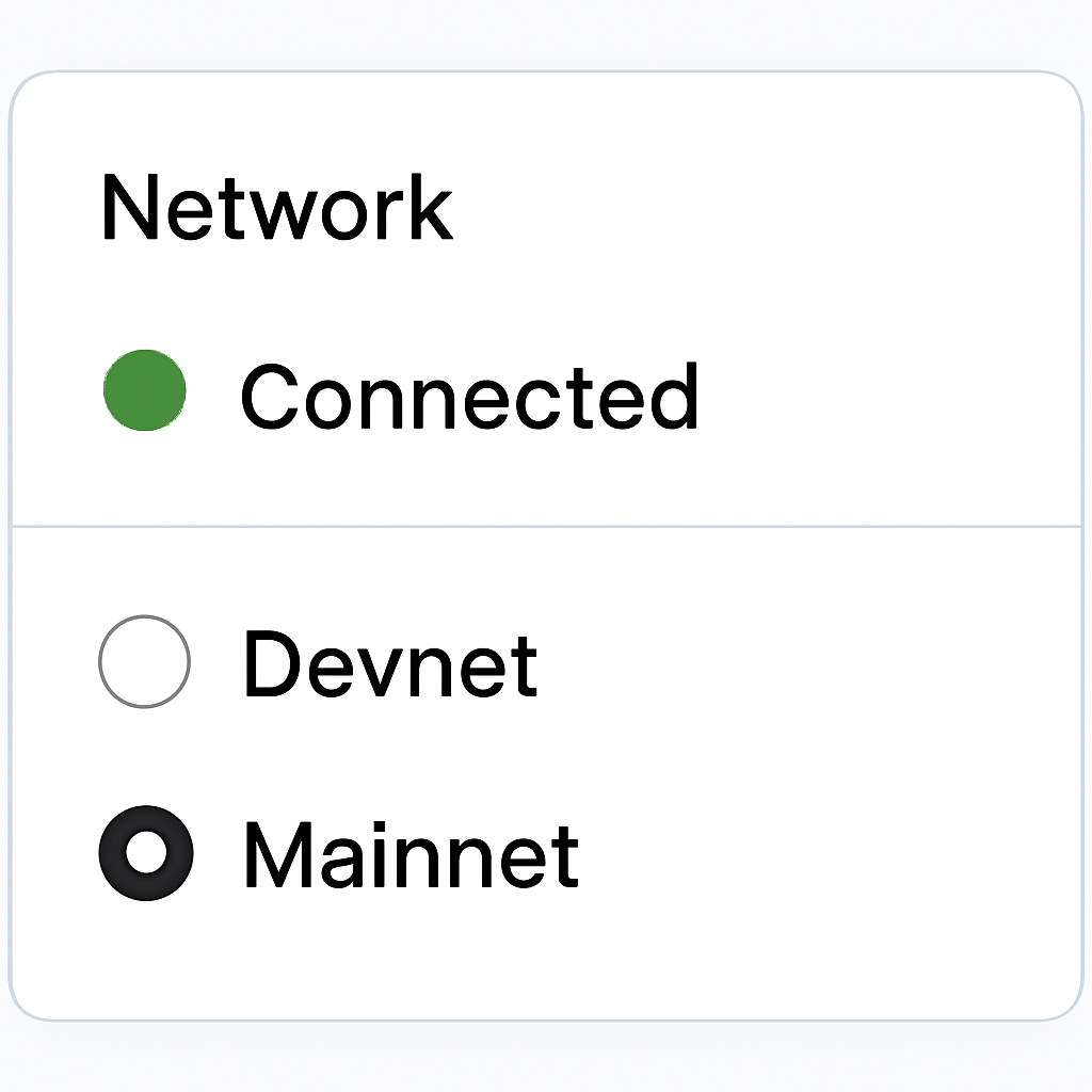 A digital interface showing network options like 'Devnet' and 'Mainnet' with a connection status indicator.