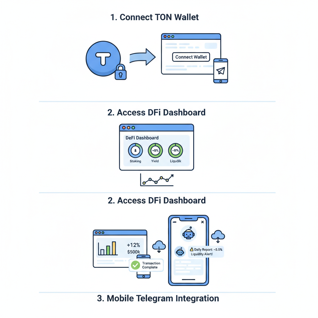 web app connecting TON wallet, DeFi dashboard, mobile Telegram integration