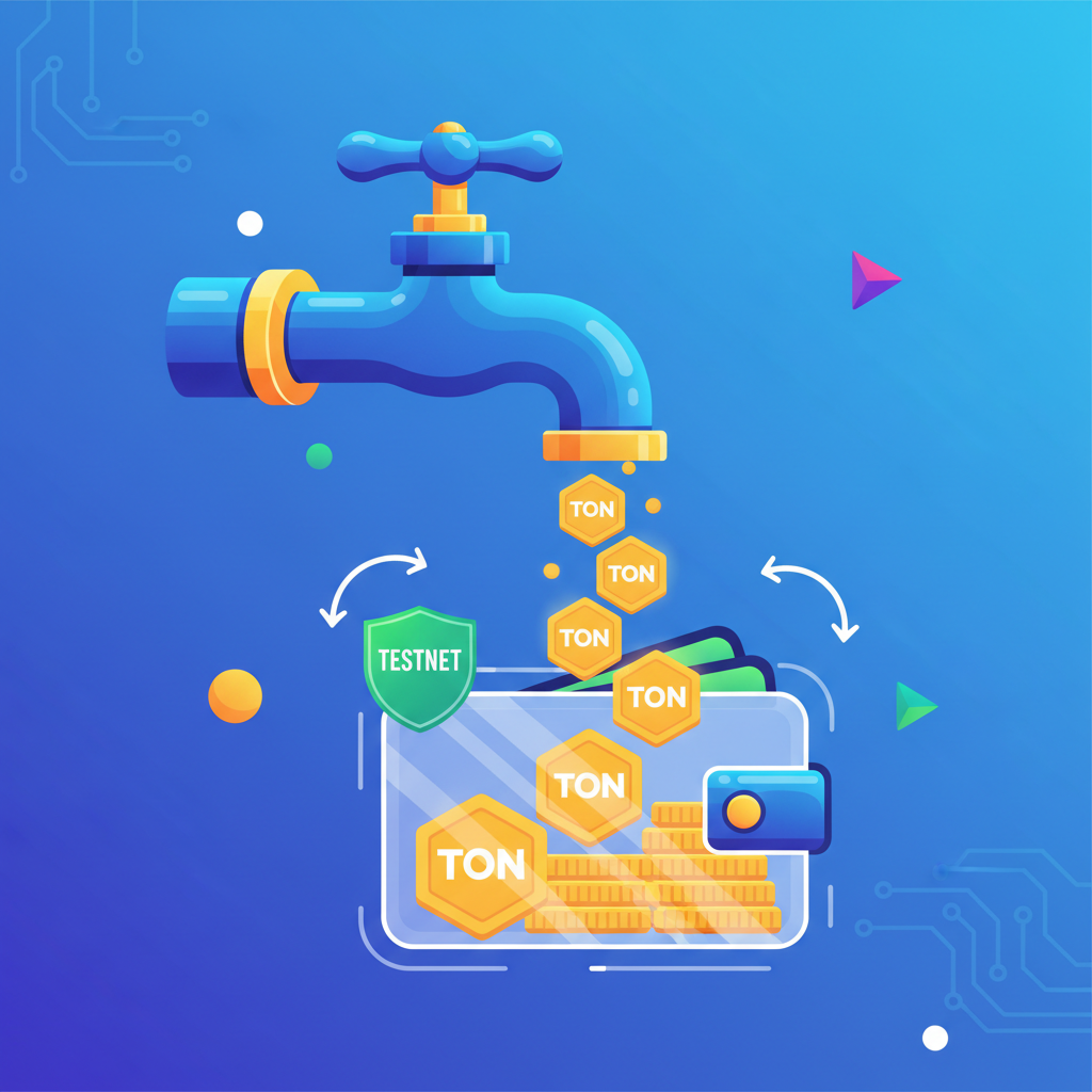 faucet pouring TON coins into digital wallet, testnet badge, vibrant crypto art