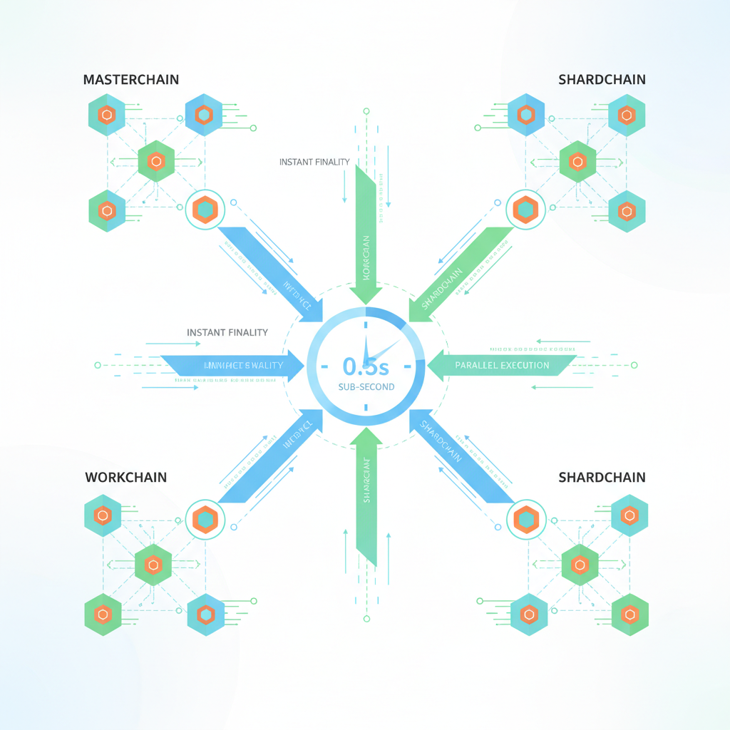 TON blockchain diagram with fast arrows, sub-second clock, nodes connecting