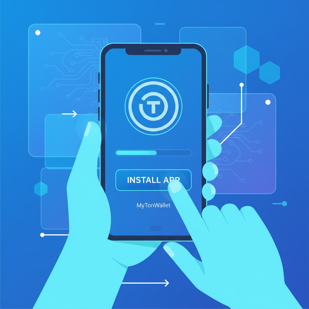 user installing MyTonWallet app on smartphone, TON logo, blue futuristic tones