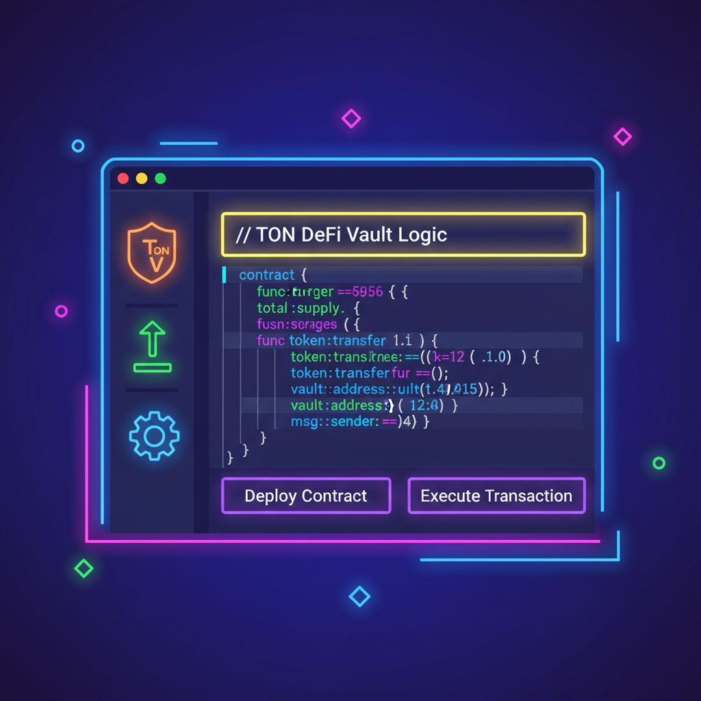 code editor with TON smart contract code, DeFi vault icon, neon highlights