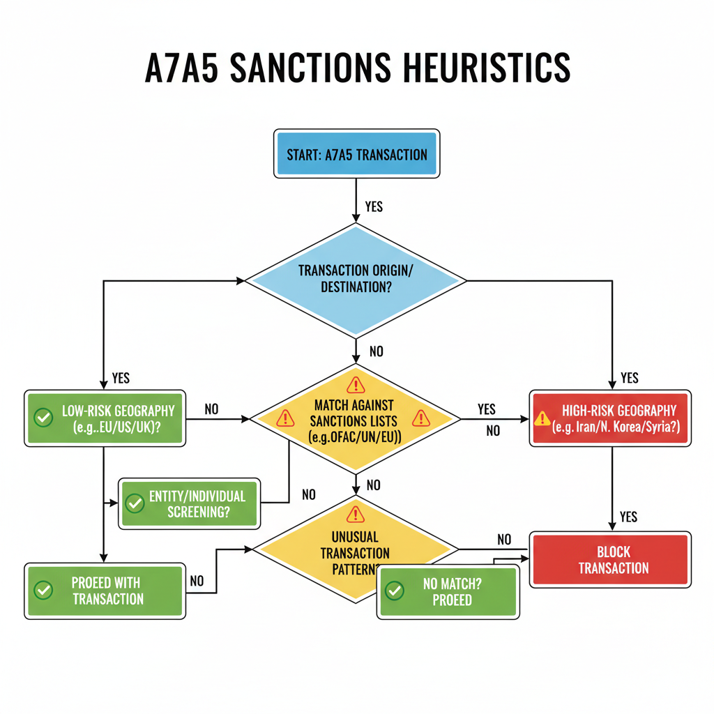decision tree diagram for sanctions heuristics on A7A5 transactions, flowchart style with warning icons