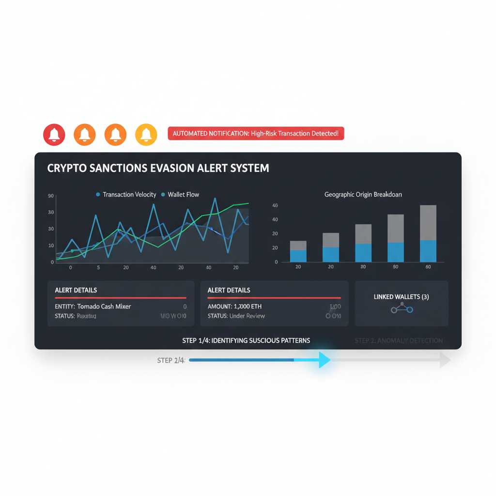 dashboard with automated alert notifications for crypto sanctions evasion, modern UI with bells and graphs