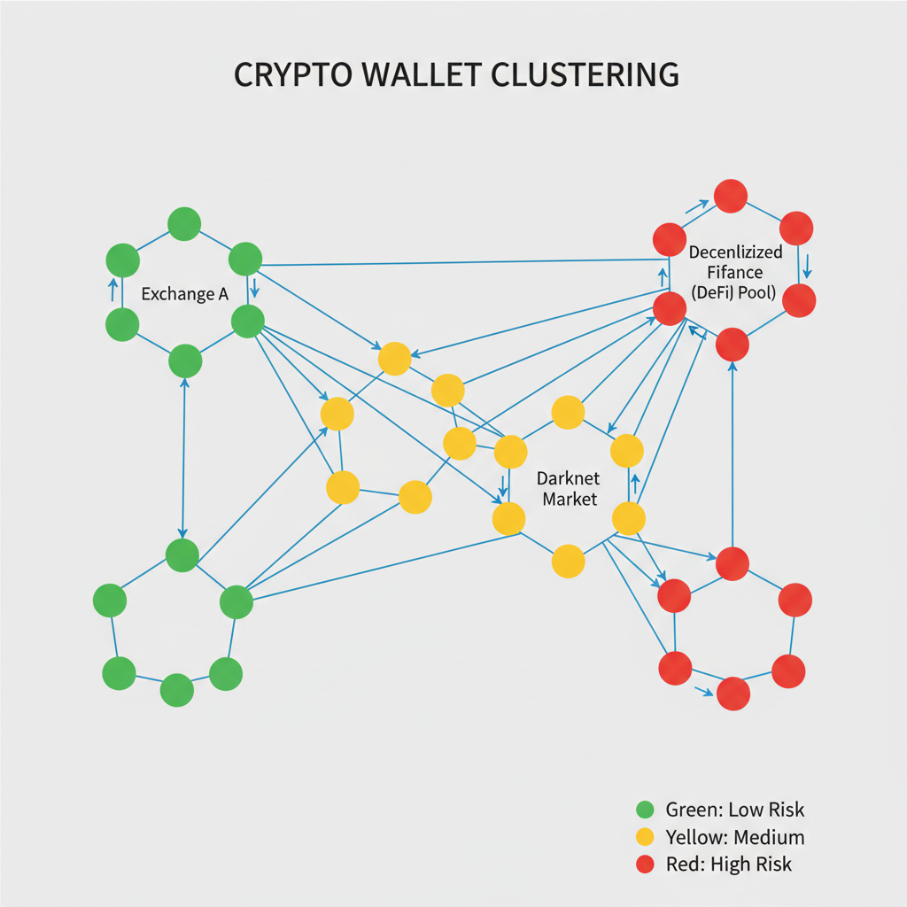wallet clustering graph showing interconnected crypto wallets in a network, nodes colored by risk level