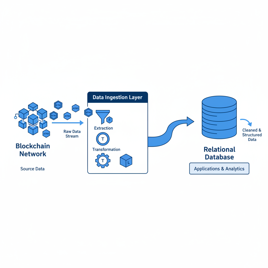clean blockchain data ingestion pipeline diagram with A7A5 tokens flowing into a database, professional blue tones