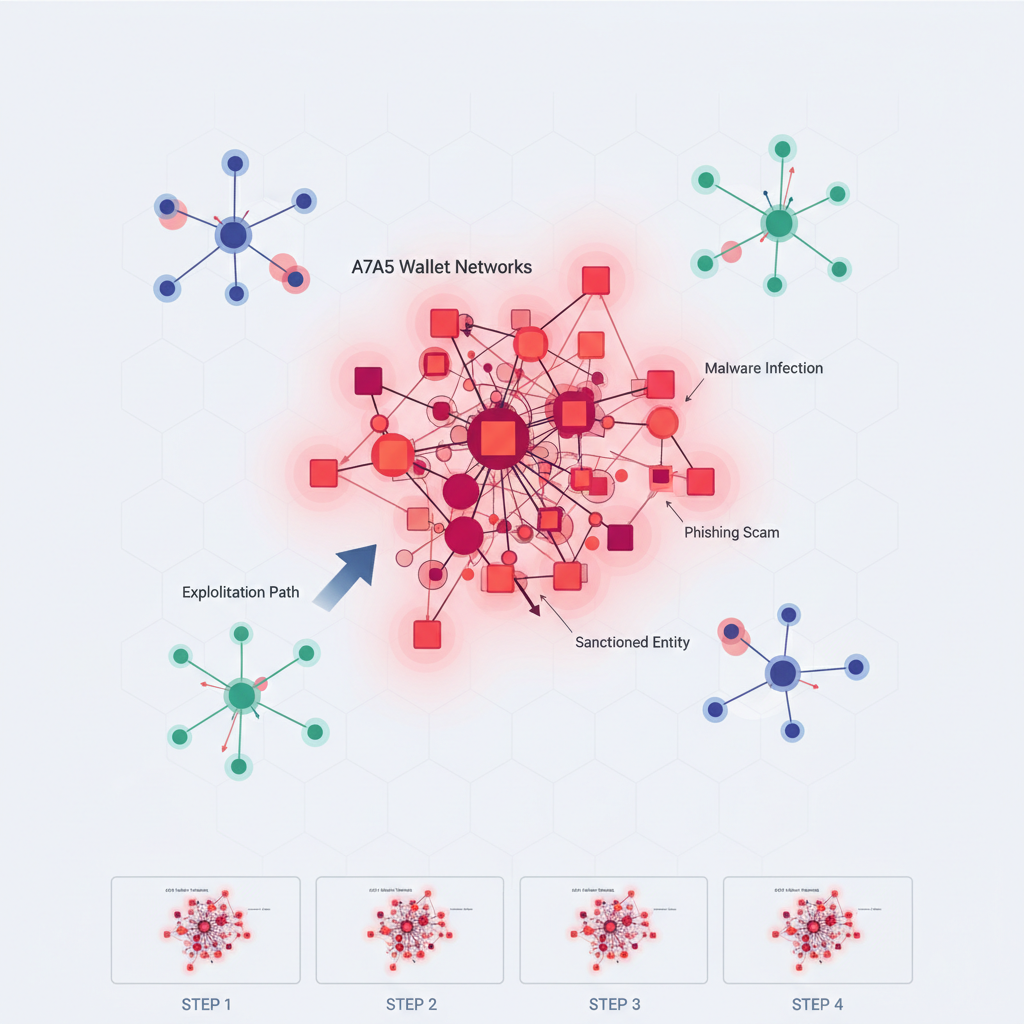 cybersecurity graph visualization of risky A7A5 wallet networks, force-directed layout with red risk highlights