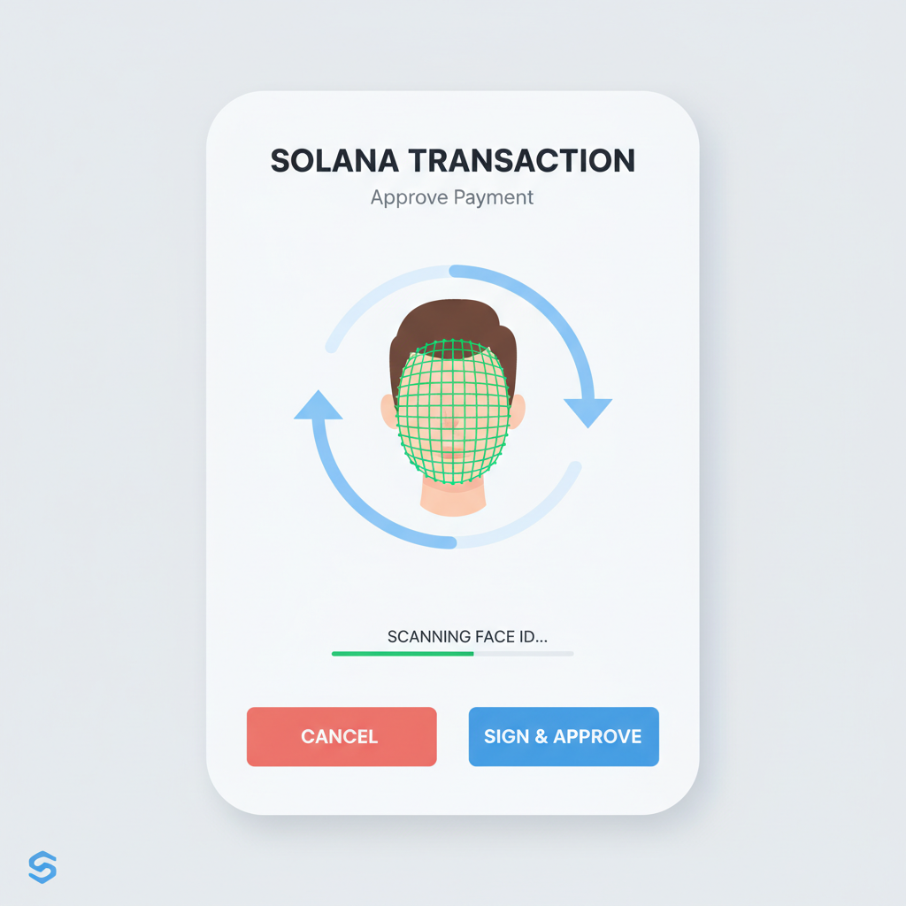 biometric approval screen for Solana transaction, face ID scanning, secure signing animation