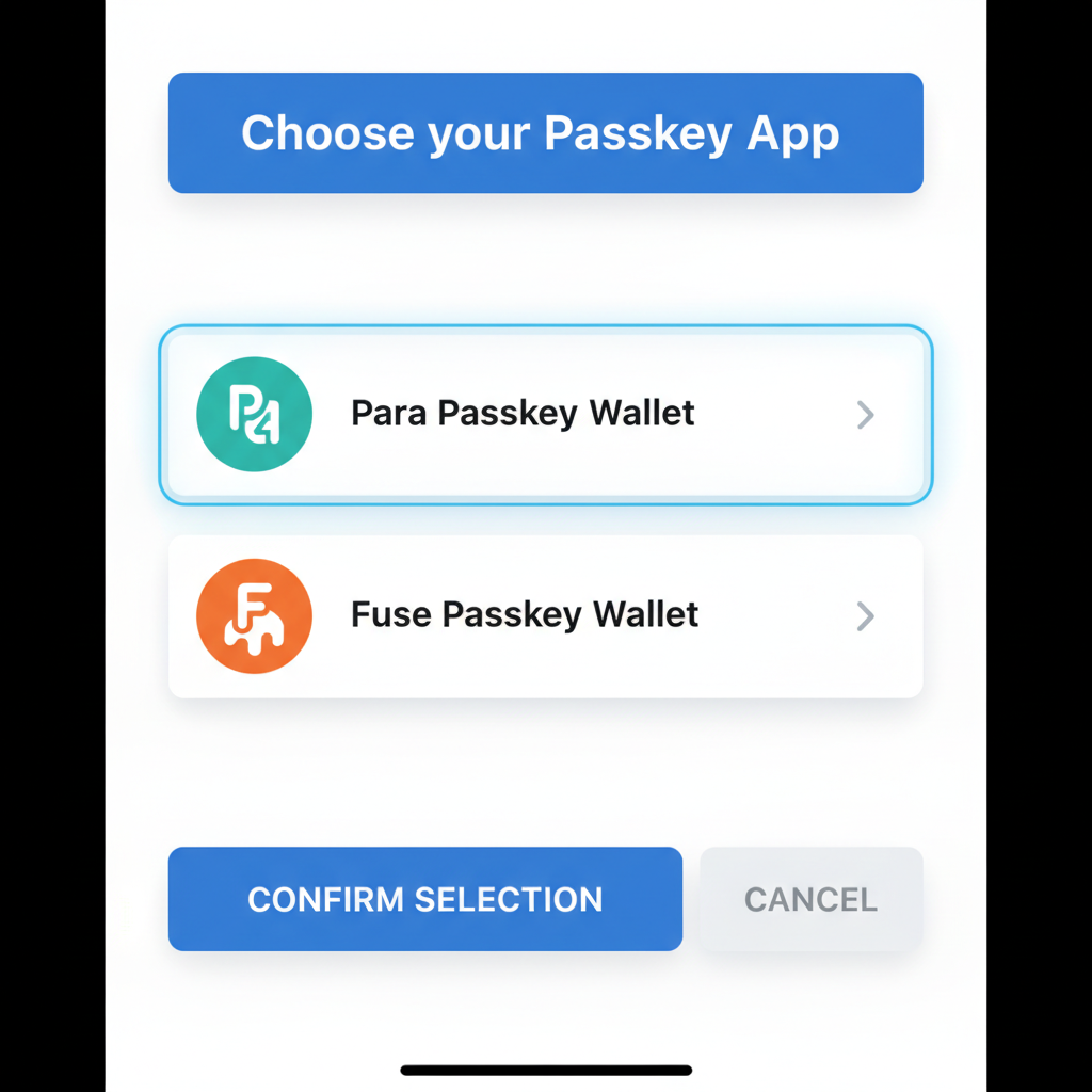 screenshot-style graphic of selecting Para or Fuse passkey wallet app on mobile device