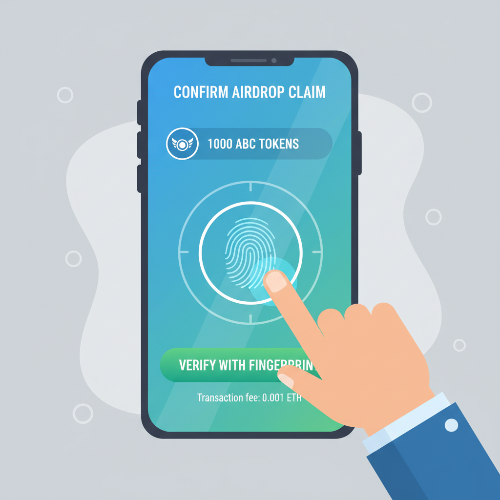 user confirming airdrop claim with fingerprint scan on secure wallet screen