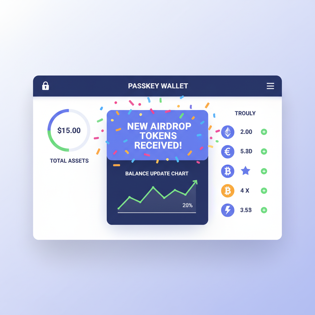 passkey wallet dashboard showing new airdrop tokens received, balance update chart, celebratory confetti