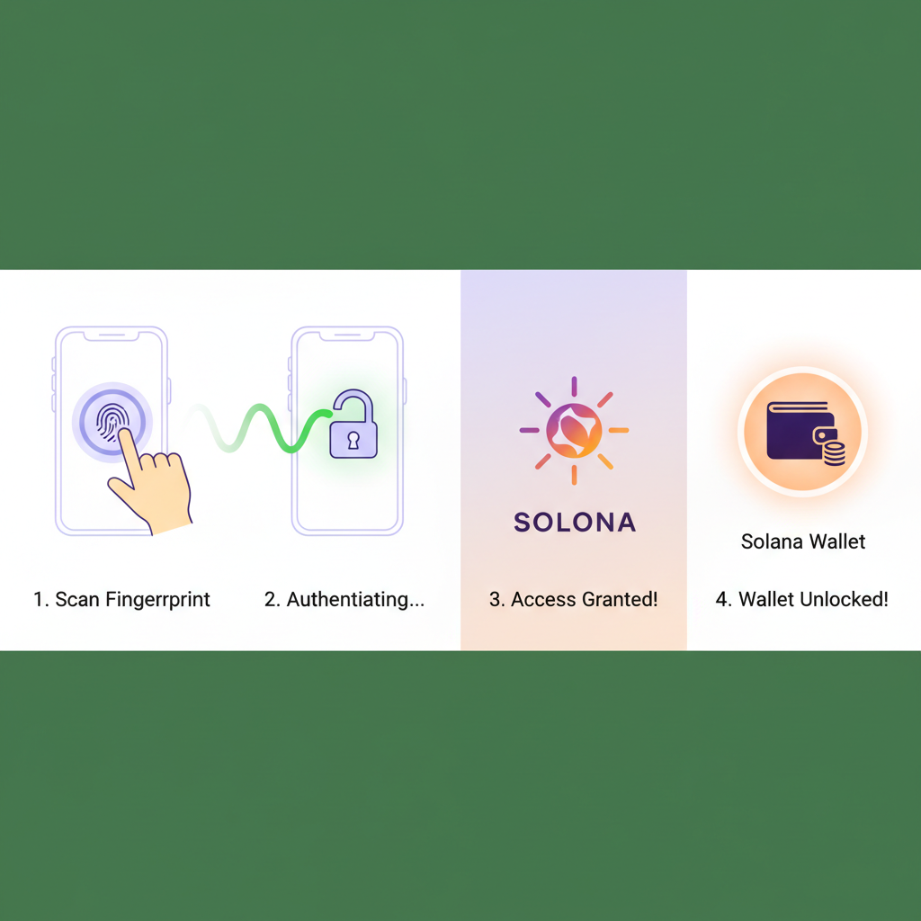 step-by-step biometric authentication creating a glowing Solana wallet icon