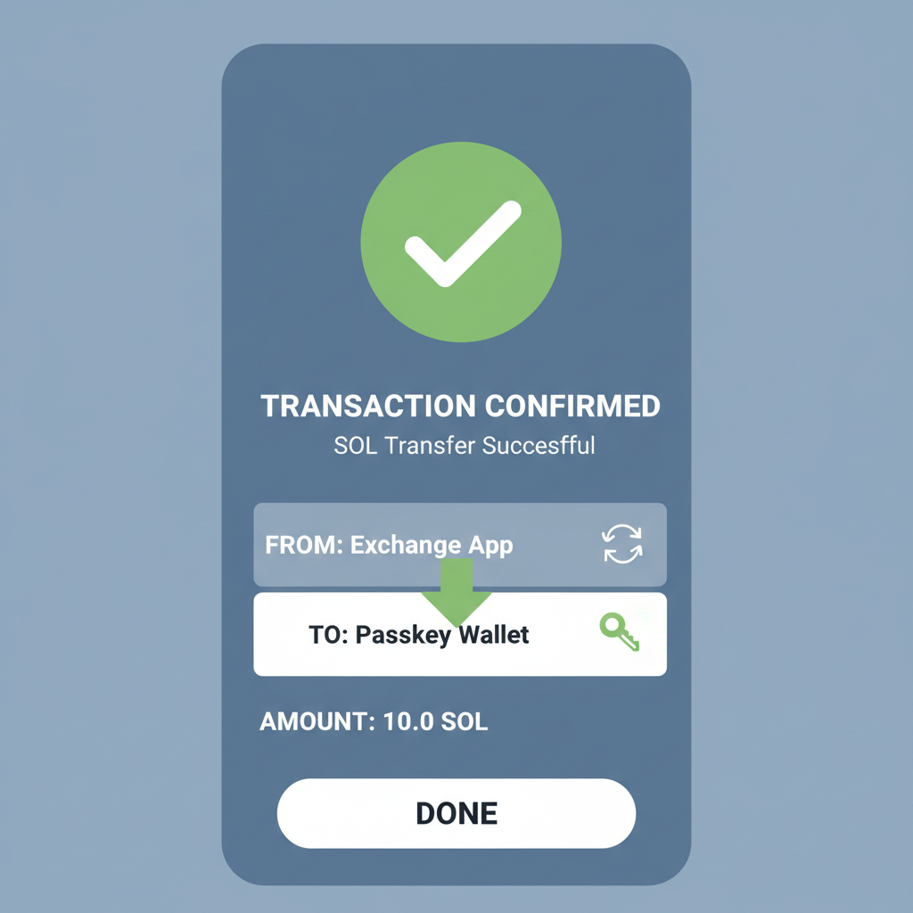 exchange app transferring SOL to passkey wallet address, transaction confirmation screen, green checkmark