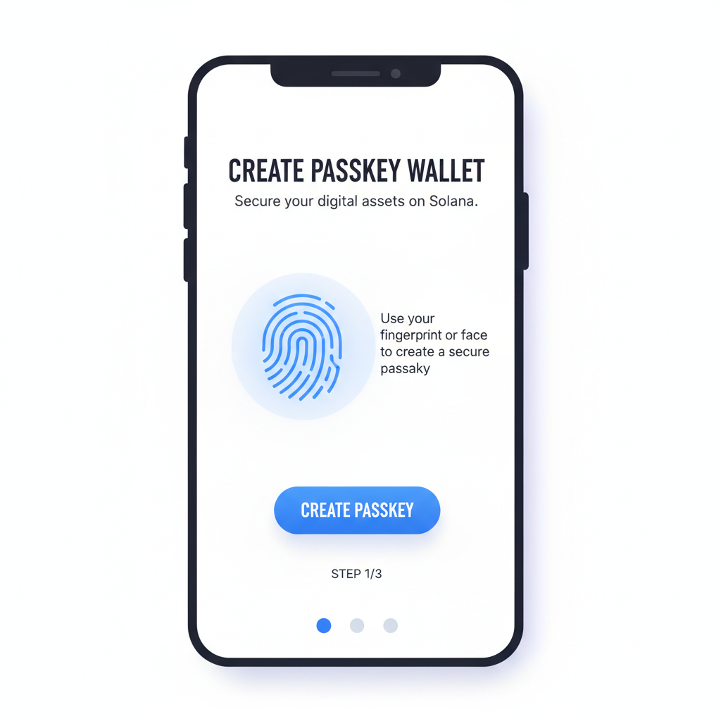 smartphone screen displaying passkey wallet creation prompt on Solana, biometric icon glowing, modern interface