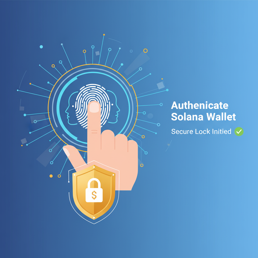close-up of fingerprint or face scan authenticating Solana wallet, secure lock icon, high-tech digital glow