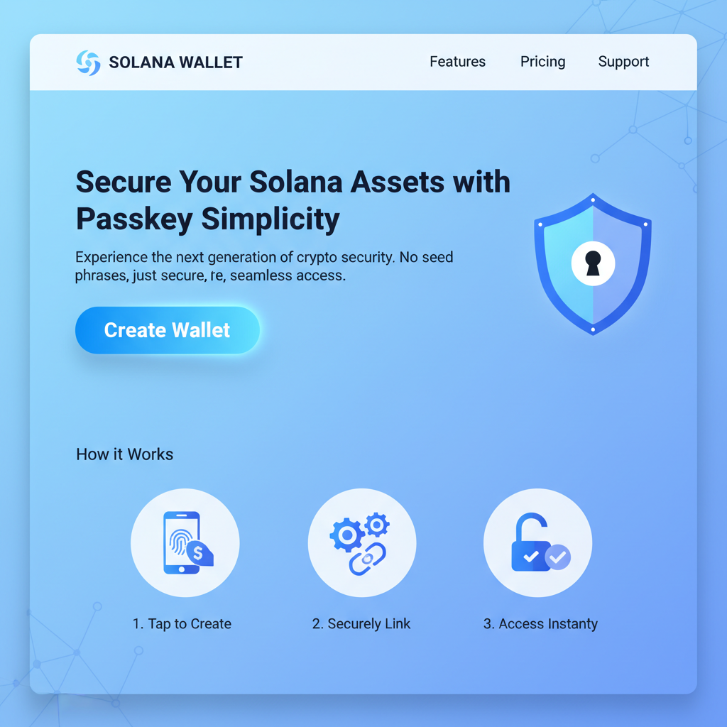 clean website landing page for Solana passkey wallet provider, professional blue UI, create wallet button highlighted