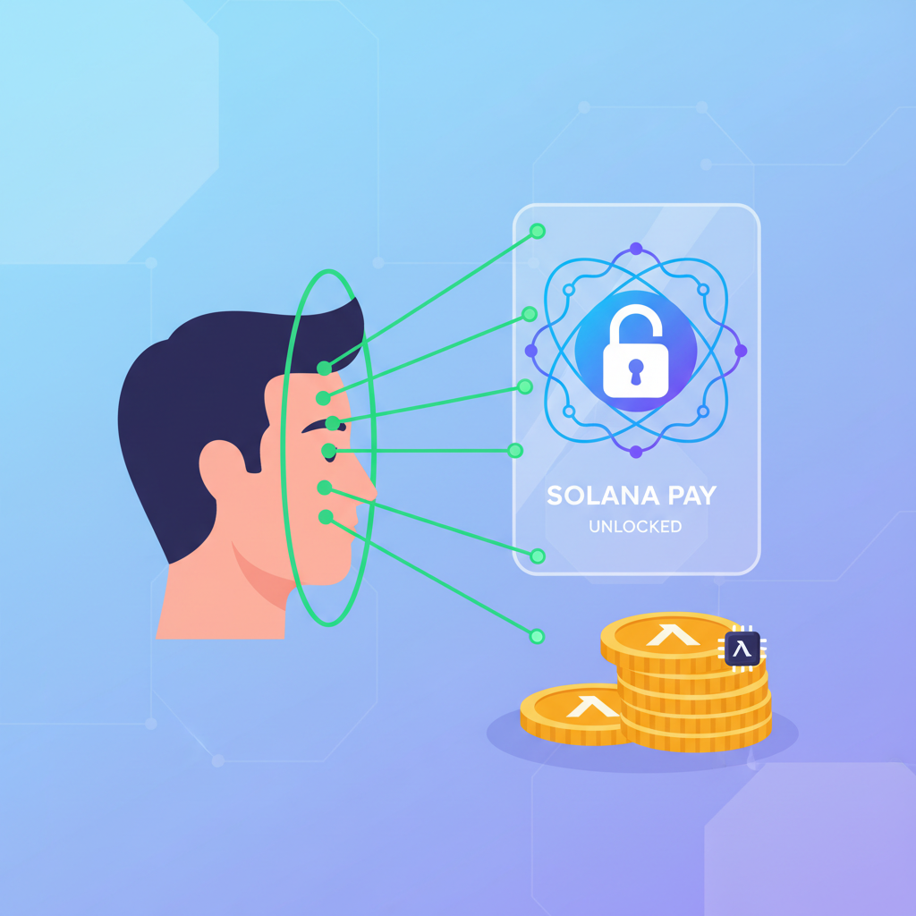 illustration of biometric face scan unlocking a futuristic crypto wallet on Solana blockchain