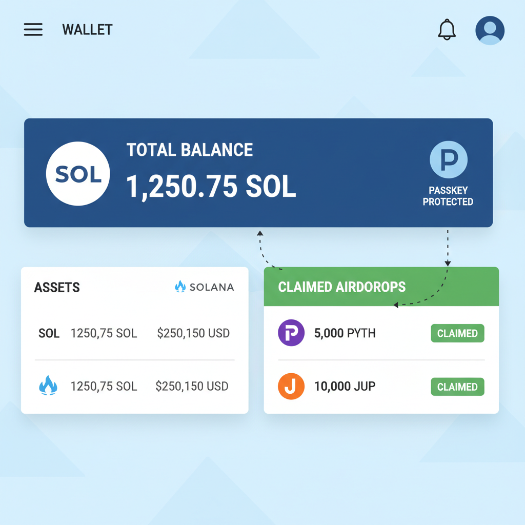 dashboard view of passkey wallet showing SOL and airdrop tokens post-claim