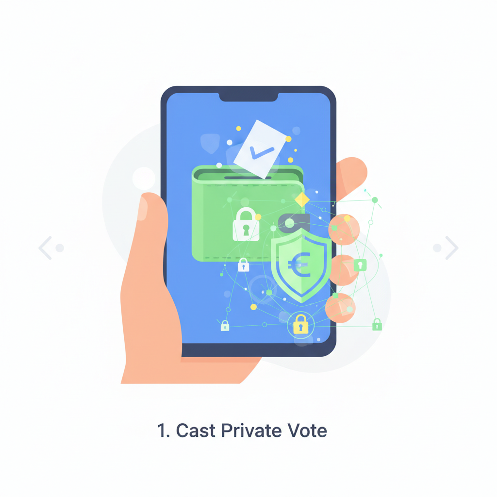 user casting private vote in wallet, encrypted ballot animation