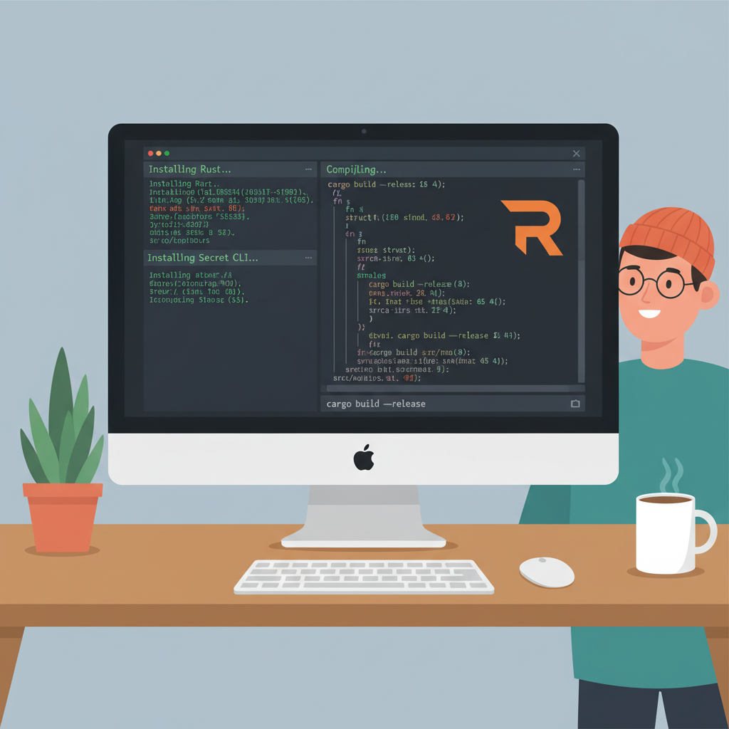 terminal installing Rust and Secret CLI, code compiling, developer desk