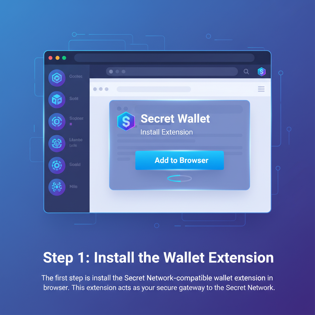 sleek browser wallet extension setup for Secret Network, futuristic UI, blockchain icons