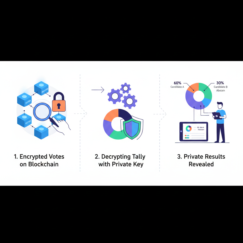 decrypting vote tally on blockchain, charts revealing results privately