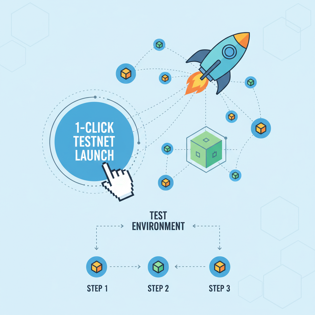1-click testnet launch button pressed rocket deploying blockchain nodes connecting test environment