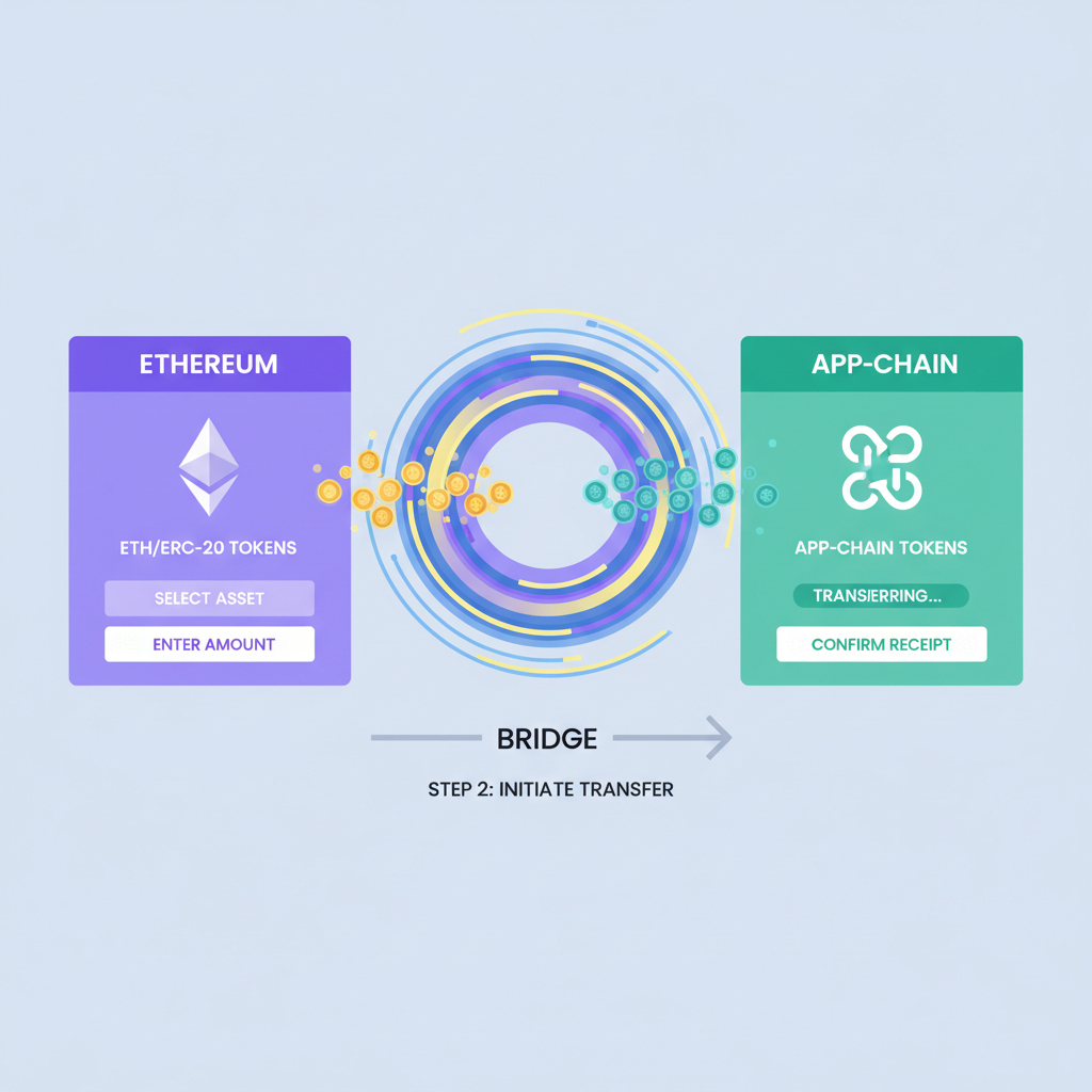 bridging assets Ethereum to app-chain bridge interface tokens flowing across chains glowing portal