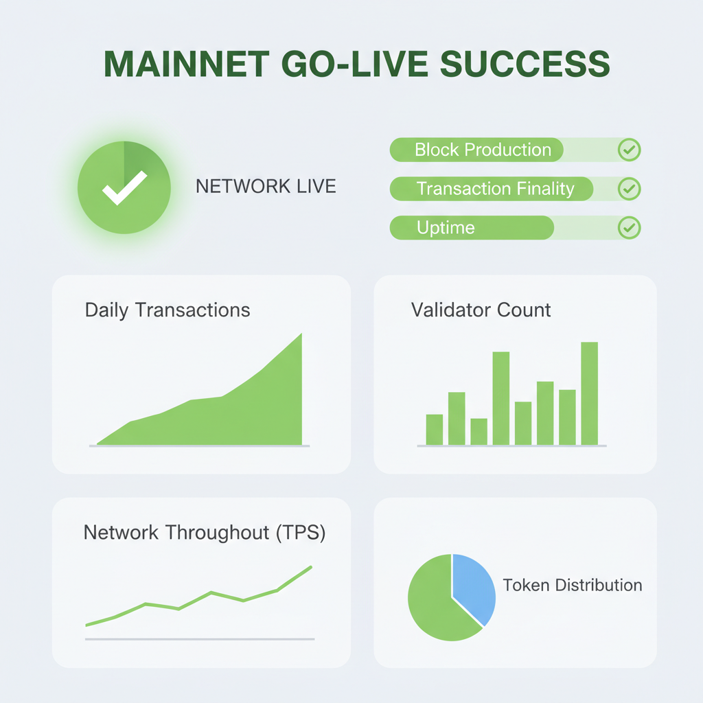 mainnet go-live success dashboard charts analytics monitoring blockchain network live green indicators